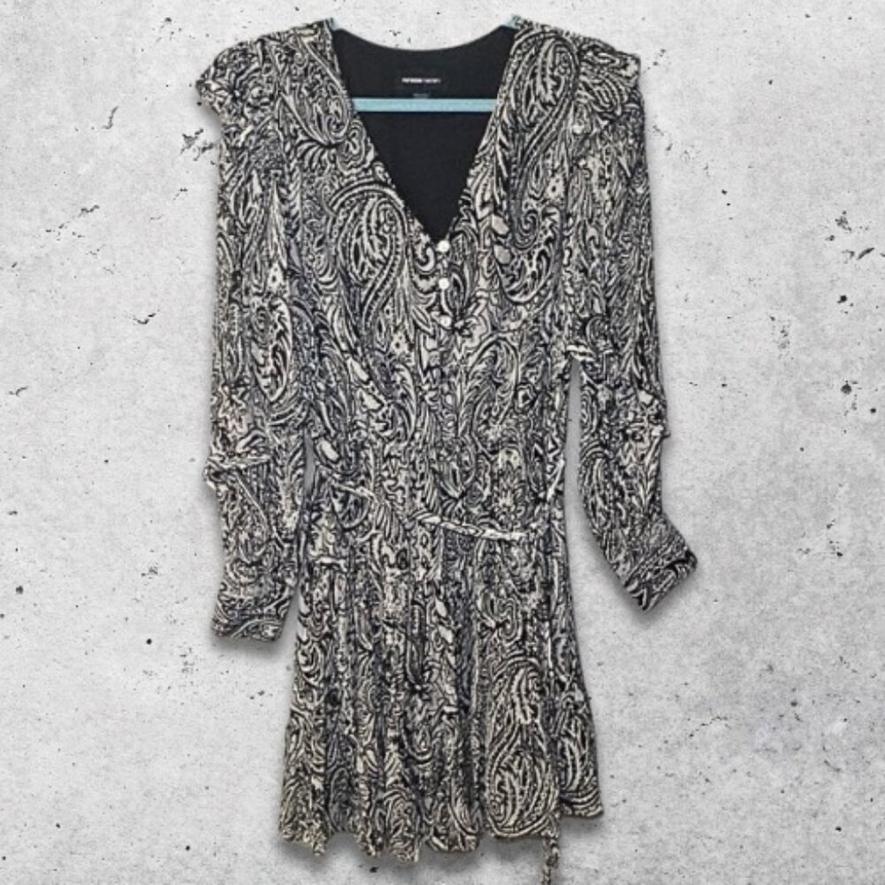 Fifteen Twenty Dress Long Sleeves Waist Tie Flowy‎ Paisley Print Black/White W S